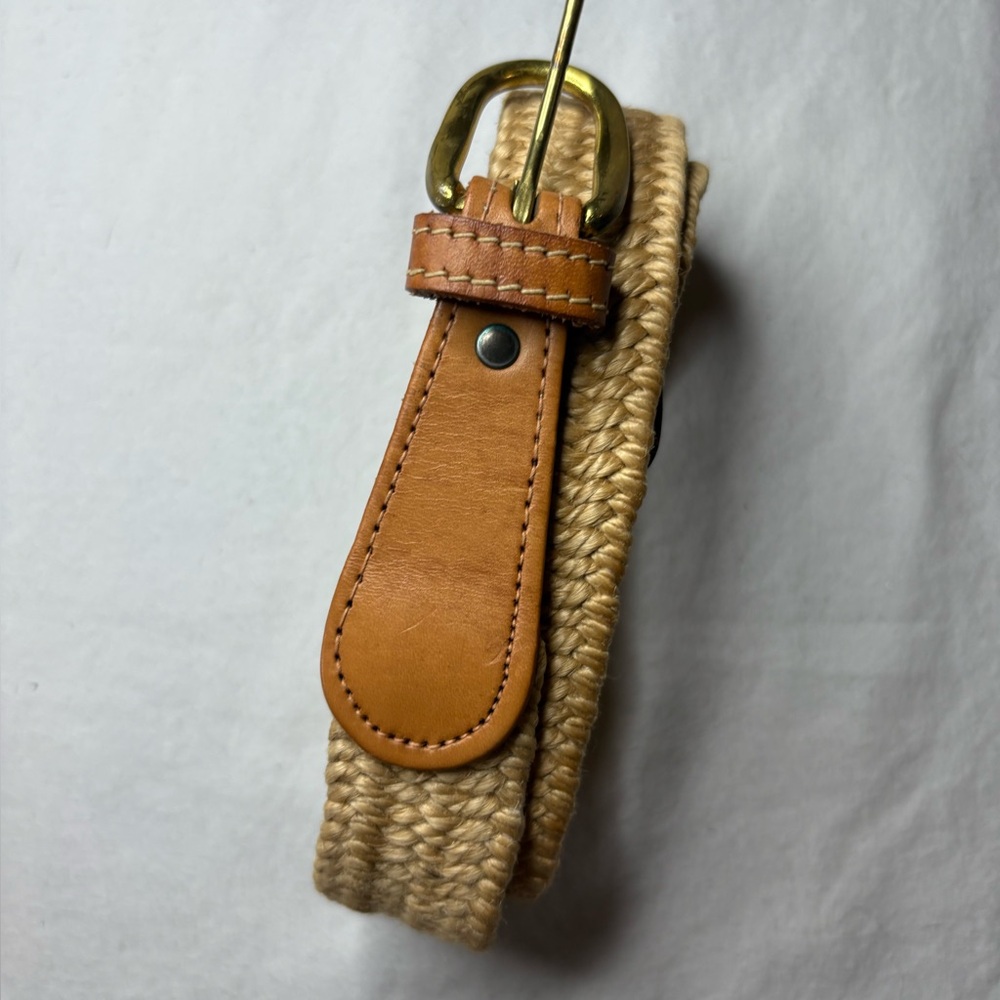 Straw Colored Stretch Belt 32-35 “ Solid Brass Buckle and leather Leather look